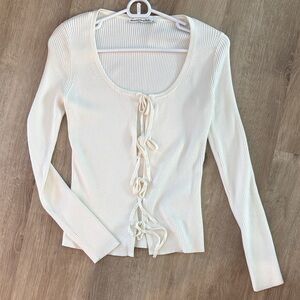Abercrombie & Fitch White Ribbed Long Sleeve Tie-Front Top